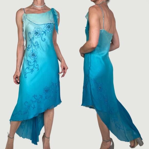 Cache beaded sequin floral slip dress Elsa ombre blue asymmetric fairy prom M - Picture 3 of 16